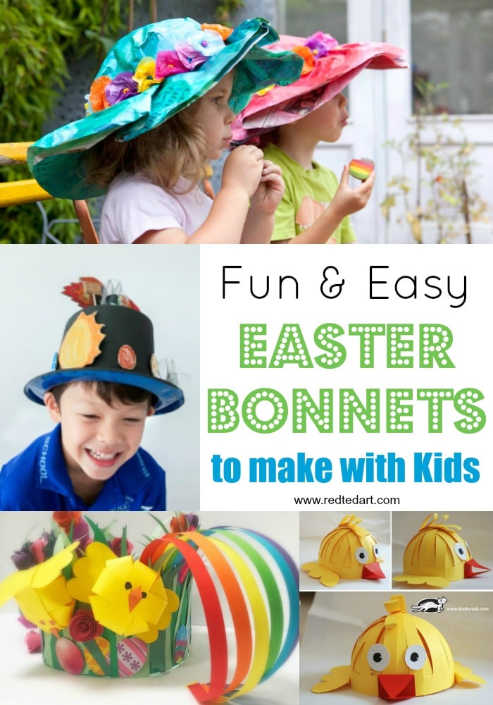 Collage of Easter Bonnet Hats with Kids and preschoolers. Made from paper.