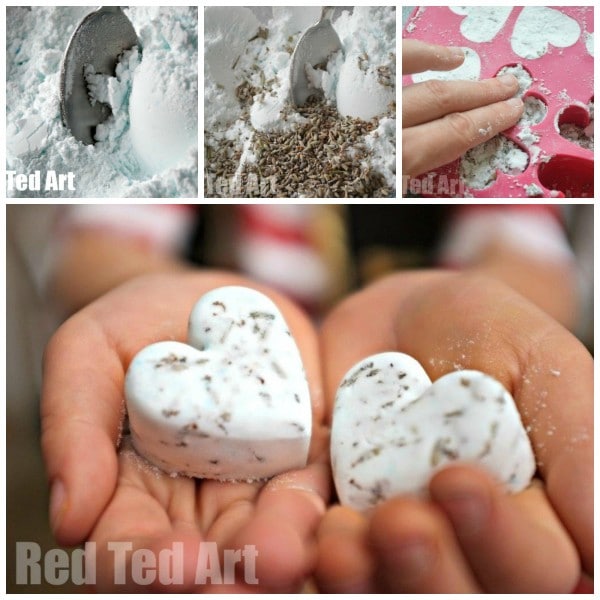 Bath Bomb Recipe Without Citric Acid - Gifts Kids Can Make!  Homemade bath bombs are one of our favorite gifts to make and give for kids.  Quick and easy, this DIY Bath Bomb recipe makes a great Christmas gift for mom, grandparents, and teachers.  Learn how to make Bath Bombs today!  This recipe does not contain citric acid but uses pantry staples.  #BathBombs #GiftIdeas #giftsthatkidscanmake #giftsbykids #easybathbombs #bathbombrecipe