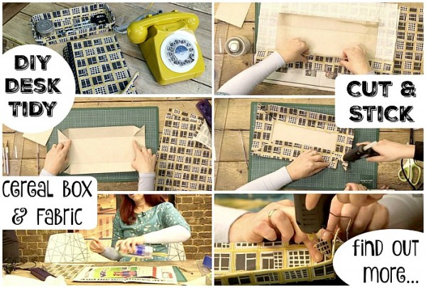 DIY Desk Tidy. Upcycle a cereal box and fabric scraps and create your own matching stationery set