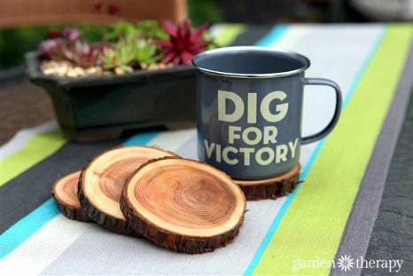 enamel-dig-for-victory-mug-and-natural-branch-coasters-project-via-garden-therapy-coasters-recycle1-a5-467x311