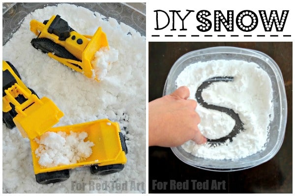 How to make a homemade snow recipe - this is the EASIEST and FASTEST fake snow recipe I've seen yet.  Perfect for sensor trays and sensor trays for toddlers and preschoolers.  If it's too cold to go outside, bring the winter inside.  Winter activities for kindergarten.  #snow #howtomakesnow #indoorsnowactivities #snowday #snowrecipe #diysnow #preschool #winter