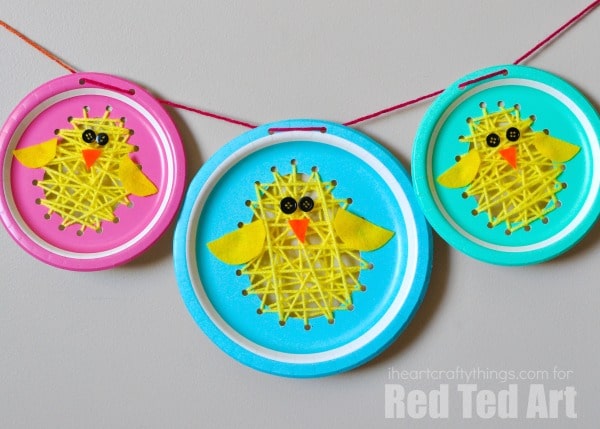 Paper Plate Chicks - this paper plate sewing craft is SO CUTE for Easter. Perfect fine motor skill activity for kids and simply the most adorable Paper Plate Chick Craft! String them up and turn them into a Chick Paper Plate Garland