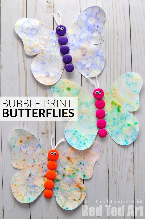 Bubble Art Butterflies - oooh how we LOVE LOVE LOVE bubbles. We love making our own bubble solution and then creating super fun Bubble Art for summer. Check out this fabulous bubble activity for kids. And those little buttons are just irresistible!!! #bubbles #bubbleart #bubbleactivities #butterflies #forkids #summer