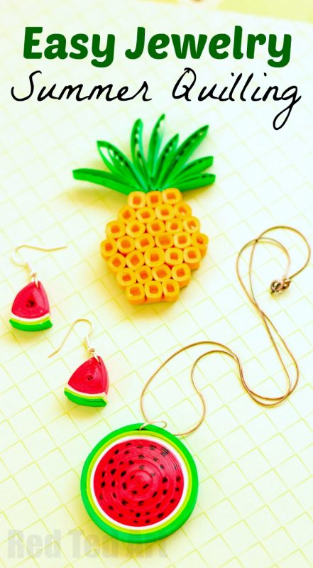 Quilled Watermelon Pendant - summer fun with Paper Quilling. Make this super easy paper watermelon DIY. Isn't it adorable? Such cheap and cheerful Summer Jewelry DIY fun! Add a fabulous Paper Pineapple brooch DIY to go with it!