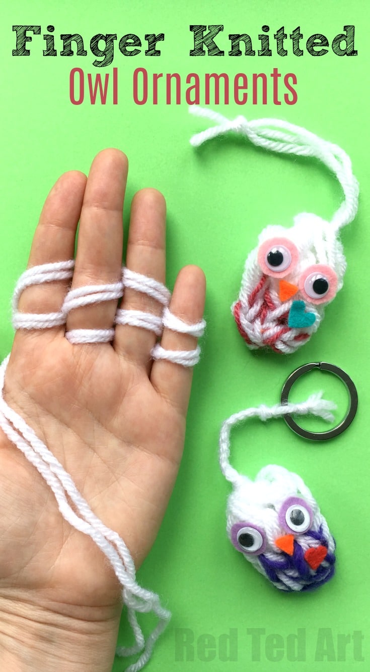 Easy Finger Knitting Owls - A fabulous 2 for 1 finger knitted project for kids. Turn these cute yarn owls into keychains/ back pack charms or use them as adorable Owl Ornament DIYs. Love. So sweet.