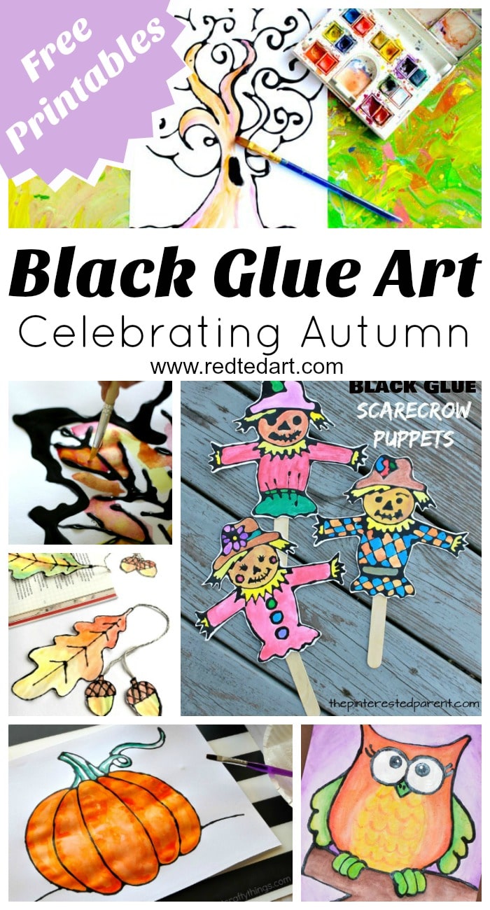 Black Glue Art Projects - If you are looking for Autumn Art  Projects have a look at these fabulous Black Glue & Watercolour techniques. Don't they look wonderful? The process is fun and to make things easier there are some great printables to go with them. From simple Fall art projects to Fall bookmarks and Harvest puppets..
