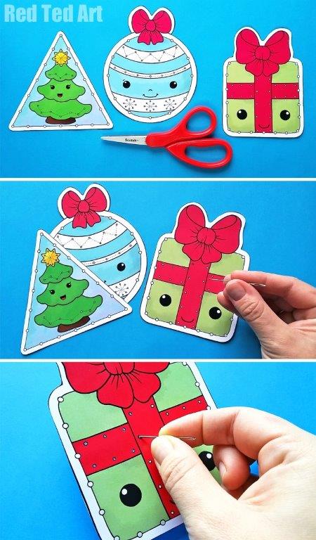 Printable Christmas Lacing Cards - Red Ted Art - Kids Crafts