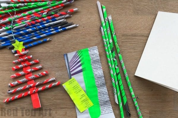 Newspaper Christmas Tree Ornaments DIY - Gorgeous little Straw Christmas Tree Ornaments and Straw Christmas Tree Cards. The best bit? The diy Paper Straws are made from Newspaper - thrifty and good for the environment!! #Newspapers #straws #paperstraws #christmastree #ornaments #cards #cardmaking 
