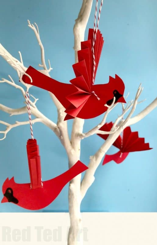 Easy Paper Fan Cardinal Ornament for Christmas - Red Ted Art - Kids Crafts