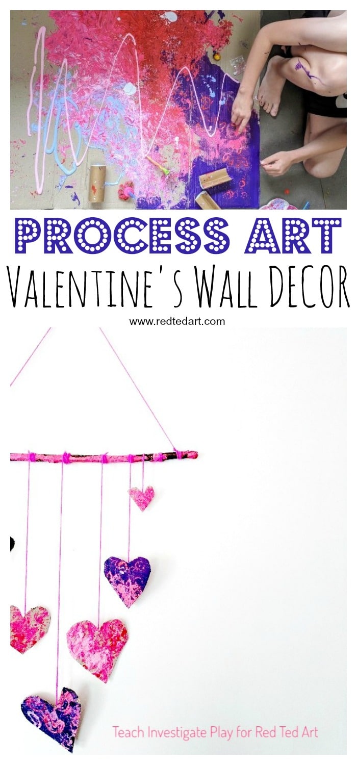 Process Art Valentine's Wall Hanging - a wonderful process art project for Valentine's. Let the kids go wil dwith their creativity, explore print making and colour mixing and make these gorgeous heart wall hangings for Valentines! #valentines #valentinesday #processart #artforkids #kidscraft