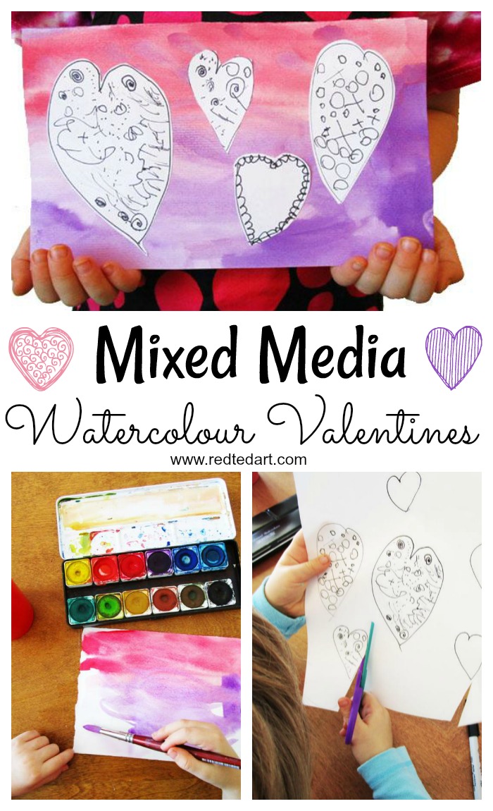 Mixed Media Watercolour Valentine's Cards for Kids. Explore Watercolours and the process of Mixed Media, with these gorgeous Valentines Art Projects! #valentines #mixedmedia #cardmaking #valentinescards
