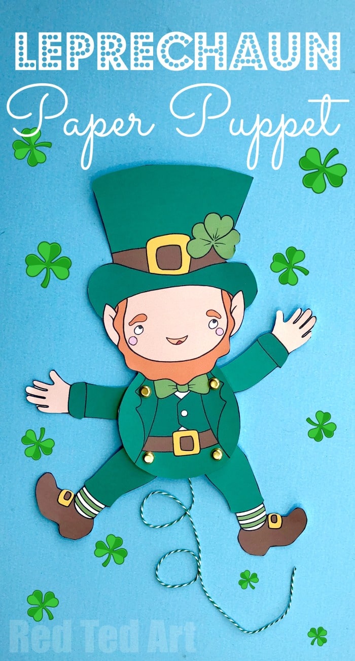 Leprechaun Paper Puppet for St Patrick's Day. Adorable Paper Leprechaun Printable. Love these fabulously easy articulated paper puppet how to #leprechaun #paperpuppet #puppet #catchaleprechaun #stpatricksday #printables