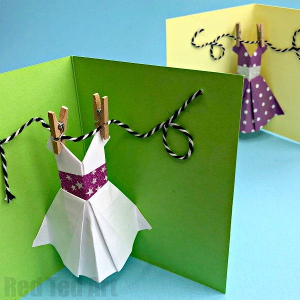 Pop Up Dress Card for Mother's Day. Easy Mother's Day Pop Up Card for Kids to make. These would be lovely Prom Day Card DIYs or DIY wedding cards too! #popupcards #3dcards #cardmaking #mothersday #prom #wedding