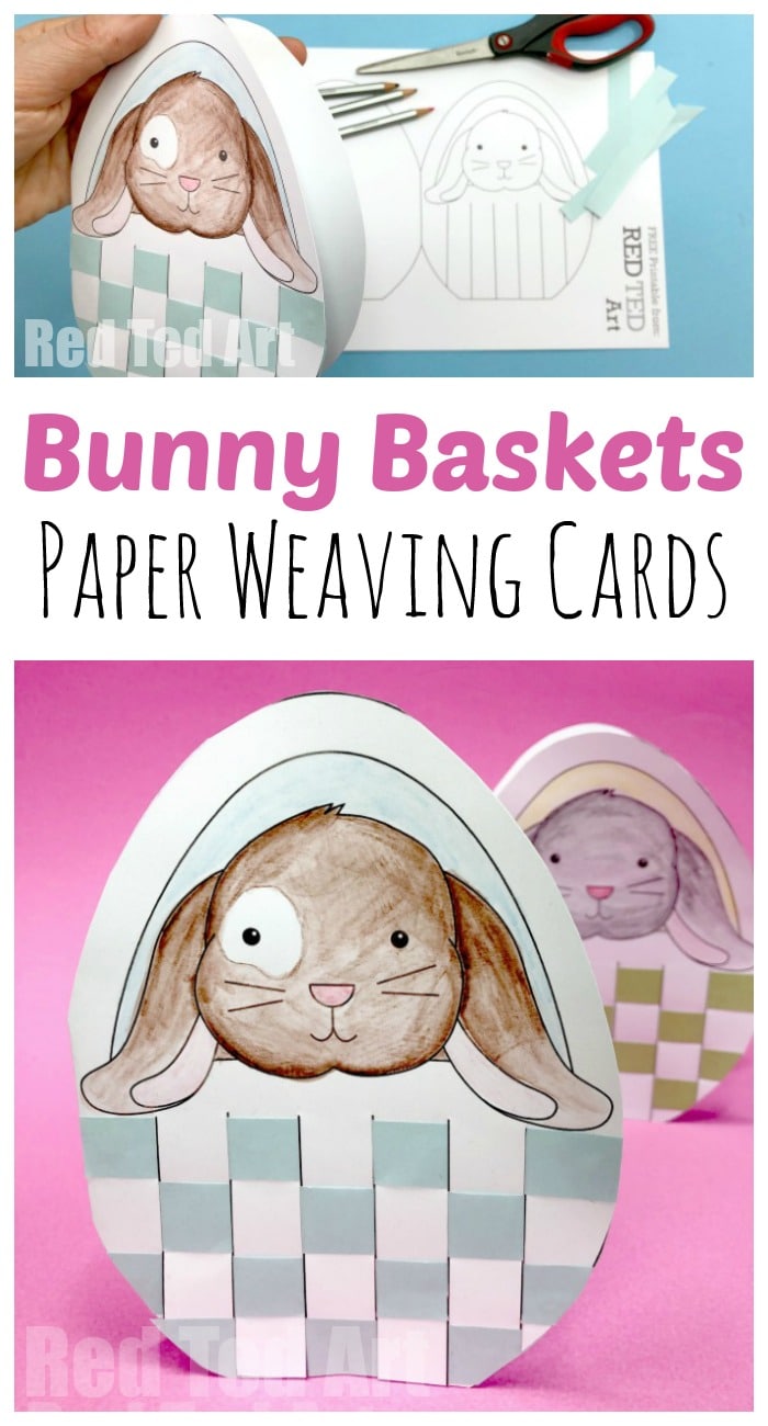 Woven Bunny Basket Cards. Free Printable Paper Weaving Easter Projects. Love these Paper Woven Easter Card Printables #easter #printables #bunny #paperweaving