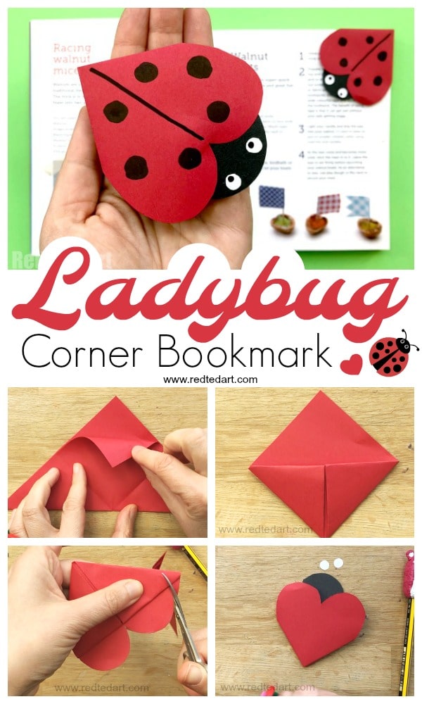 Ladybug Corner Bookmark. How to make an origami bookmark ladybug. Ladybird Crafts for Kids. Summer reading challenge. #ladybird #ladybug #papercrafts #cornerbookmark #bookmark #forkids #fortweens