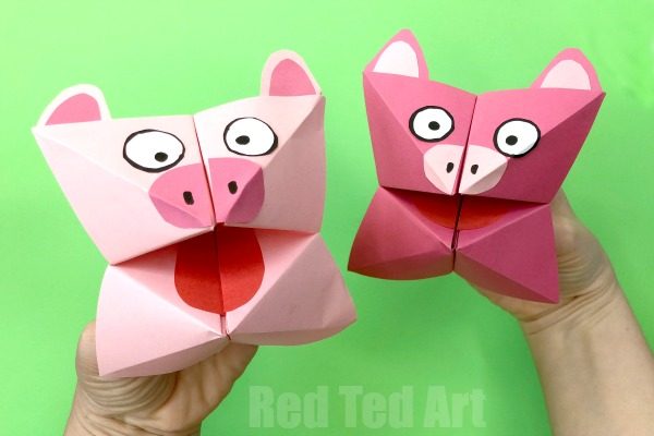 Pig Cootie Catcher Craft for Kids by red ted art.  (Pink cootie catcher shown with pig features)