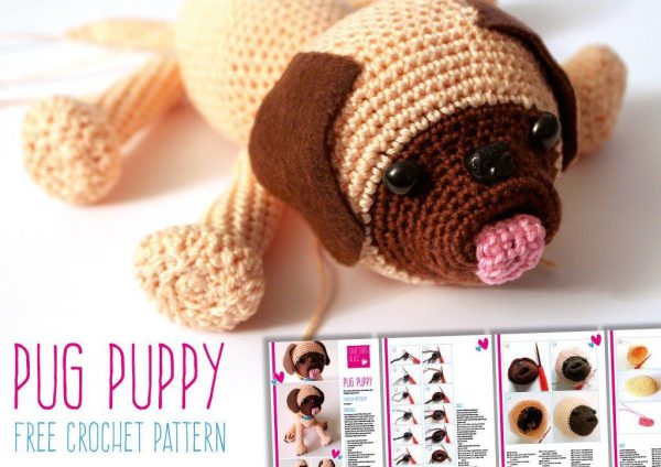 Free Pug Crochet Pattern. How to crochet a Pug Toy. Pug Toy Crochet Pattern. Amigurumi Pug#patterns #free #pug #crochet