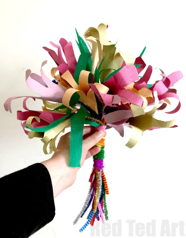 Handprint Lily Wedding Bouquet made by children for her Primary School teacher #wedding #flowers #bouquet #primayschool #teachers