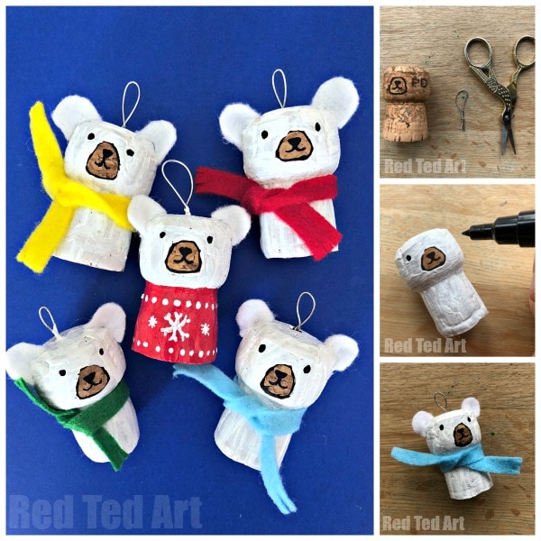 Easy Cork Polar Bear Ornament. Upcycle Champagne Corks and Wine Corks and turn them into Simple Polar Bear Cork Ornaments for DIY Christmas Decorations. #Polarbear #christmas #ornament #corks