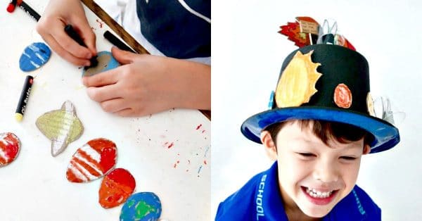 Collage of Boy making a Solar System Easter Bonnet
