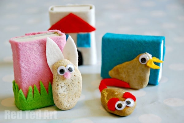 Collection of three stone pets in their matchbox homes - bunny, duck and mouse