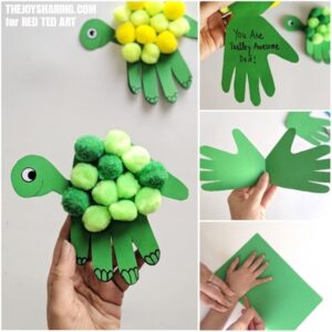 Collage of how to make a Handprint card turtle for Dad
