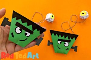 Easy Paper Cup and Ball Game for Halloween - Frankenstein and Eyeball design