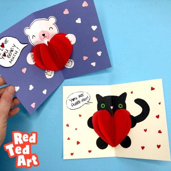 Easy Pop Up Bear Heart Card for Kids to make on Valentines, printable worksheets available!