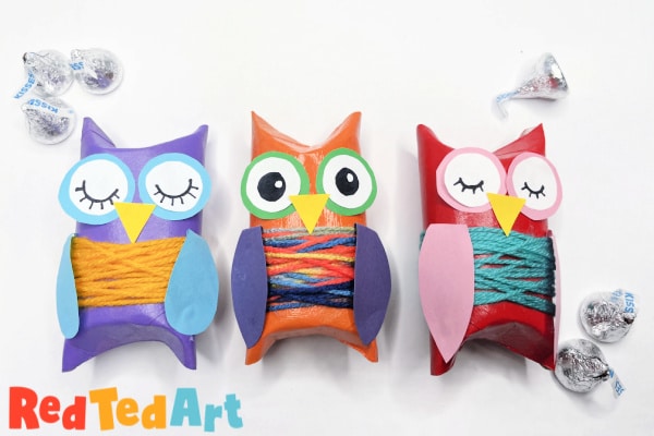 yarn wrapped owls made from toilet paper rolls