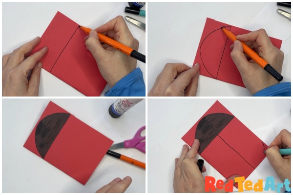 four images showing the step by step of how to draw a basic ladybug on red card with black markers
