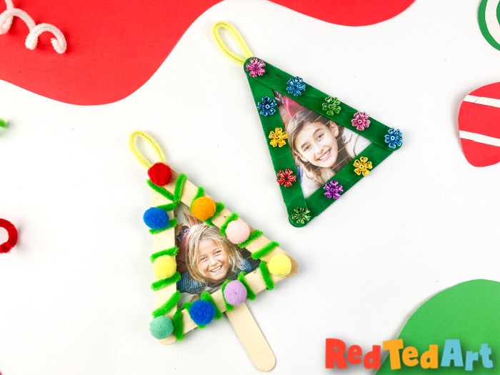 Photo ornaments with craft sticks Christmas kids