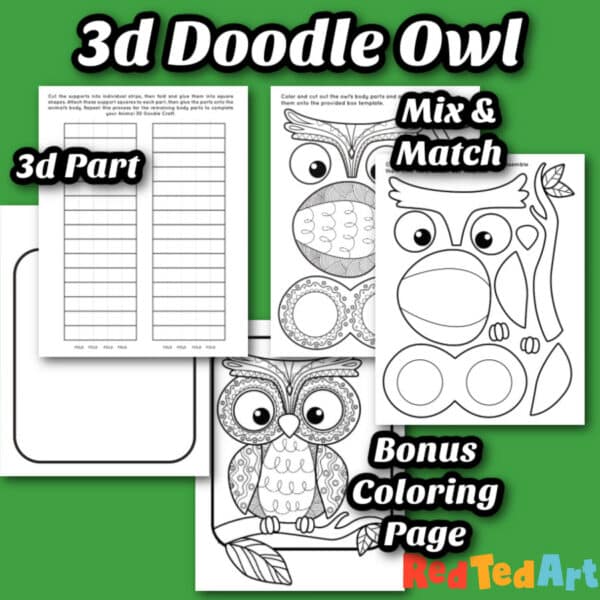 3d Doodle Art Owl project to print - cut & paste activity for fall crafting