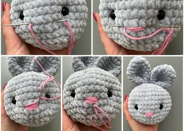 embroider facial features of crochet hand puppet