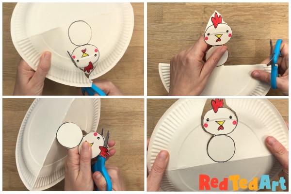 cut out the hen from the paper plate - try and be as neat as possible, as you want the back of the plate to be as intact as possible