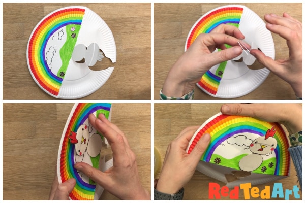 secure your spring animal to their paper plate background with a little tape