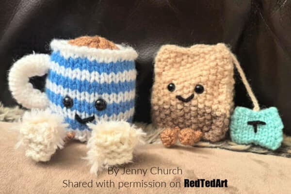 mug of tea and tea bag knitting projects - free knitting patterns for jellycat fans