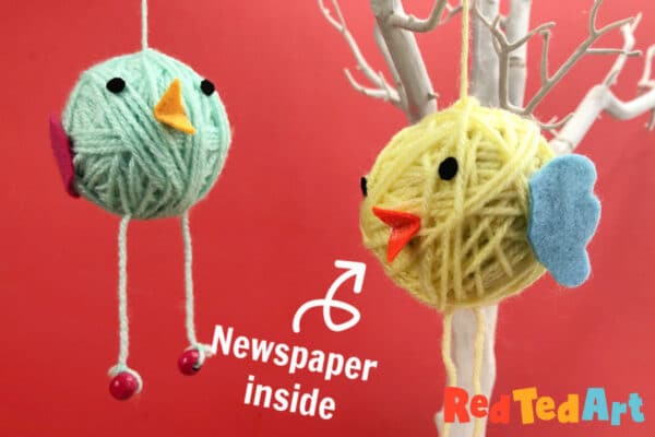 Cute and easy yarn birds made with newspapers and yarn scraps