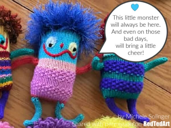 knitted worry monster with poems