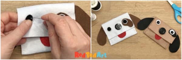 sew on final puppy features to your felt purse